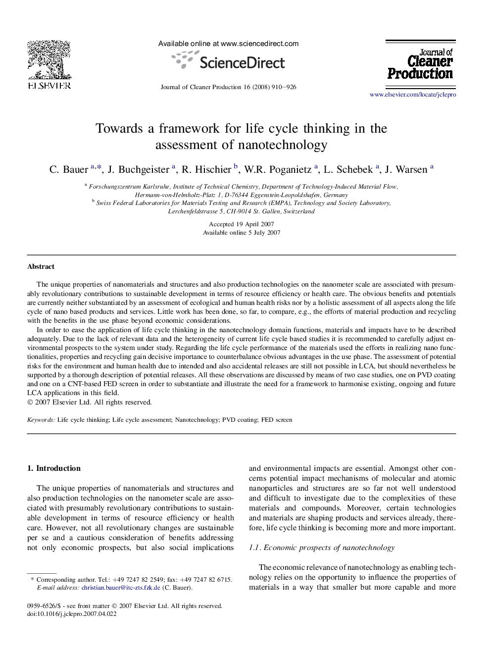 Towards a framework for life cycle thinking in the assessment of nanotechnology