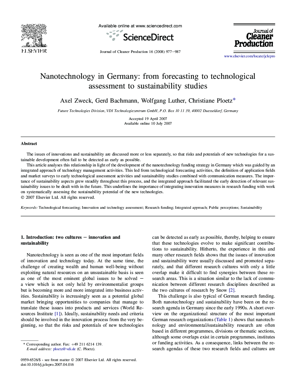 Nanotechnology in Germany: from forecasting to technological assessment to sustainability studies