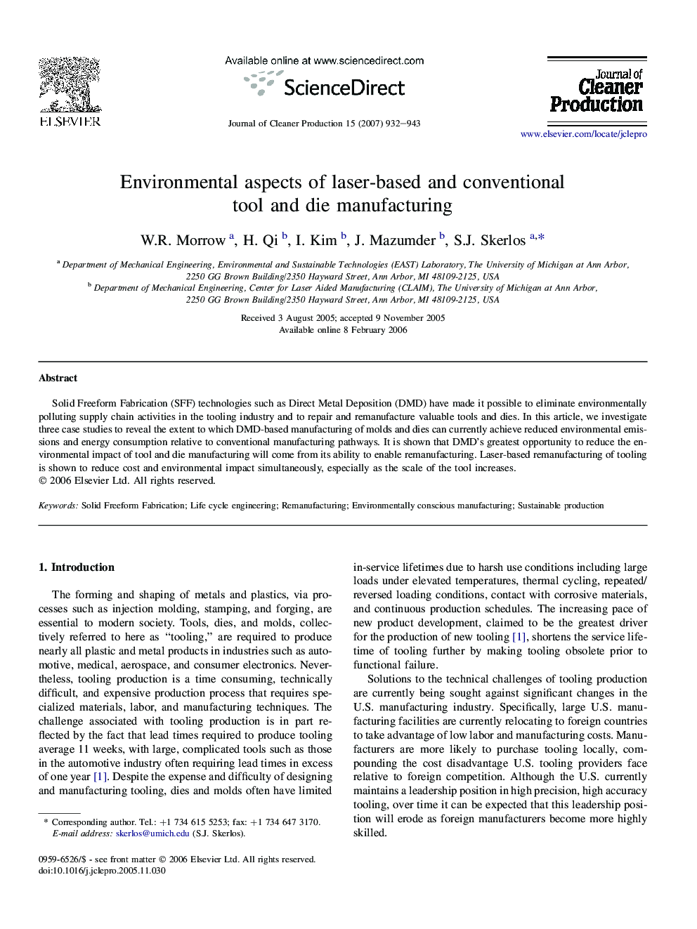 Environmental aspects of laser-based and conventional tool and die manufacturing