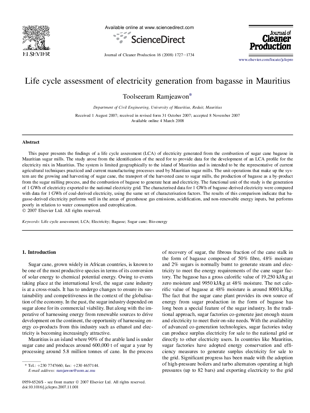 Life cycle assessment of electricity generation from bagasse in Mauritius