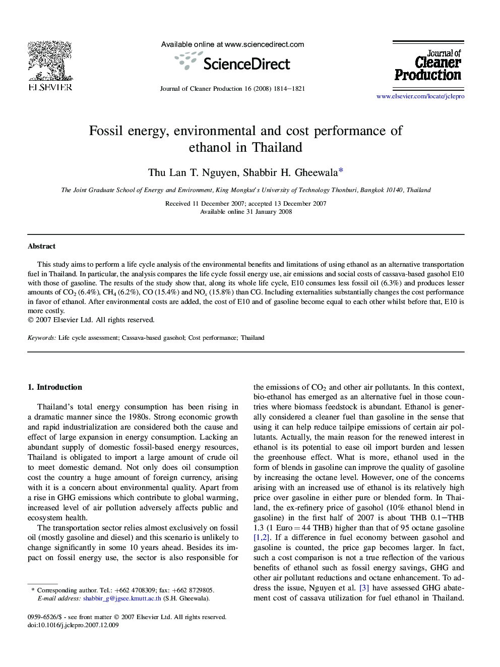 Fossil energy, environmental and cost performance of ethanol in Thailand