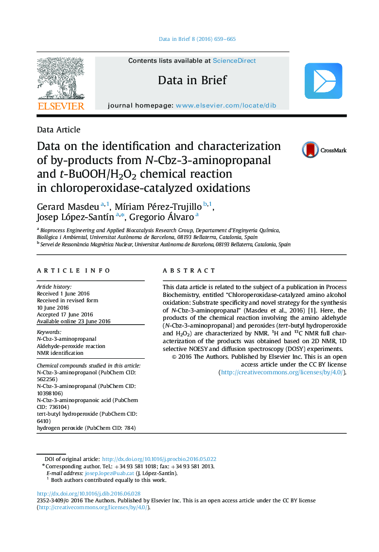 Data on the identification and characterization of by-products from N-Cbz-3-aminopropanal and t-BuOOH/H2O2 chemical reaction in chloroperoxidase-catalyzed oxidations