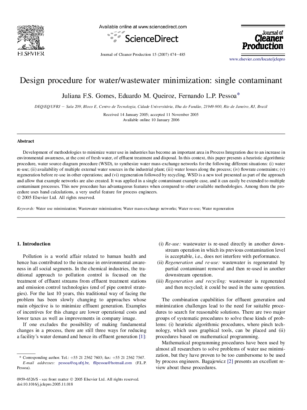 Design procedure for water/wastewater minimization: single contaminant