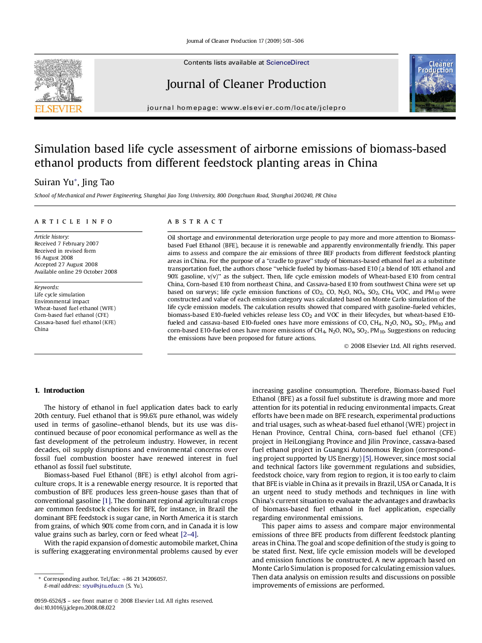 Simulation based life cycle assessment of airborne emissions of biomass-based ethanol products from different feedstock planting areas in China