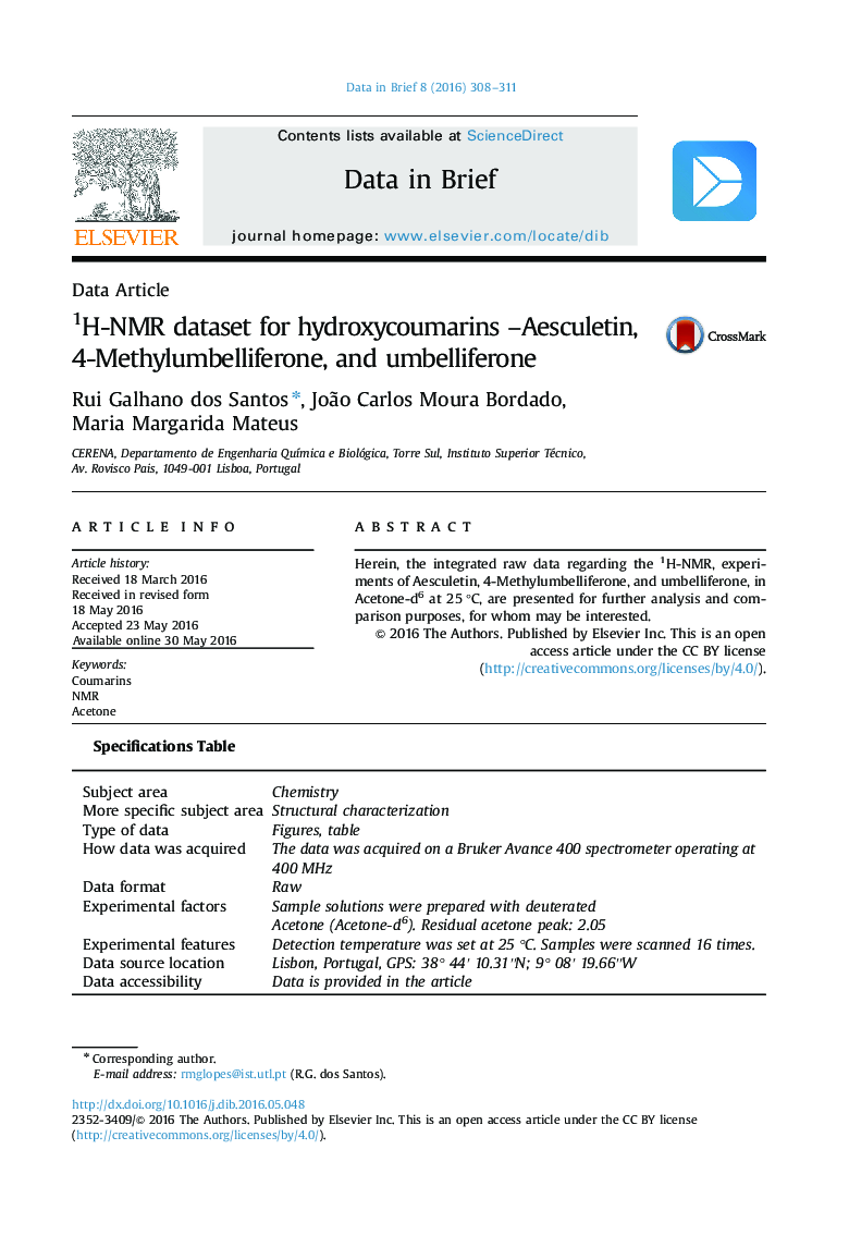 مجموعه داده 1H-NMR برای hydroxycoumarins -Aesculetin، 4-Methylumbelliferone و یومبلیفرون