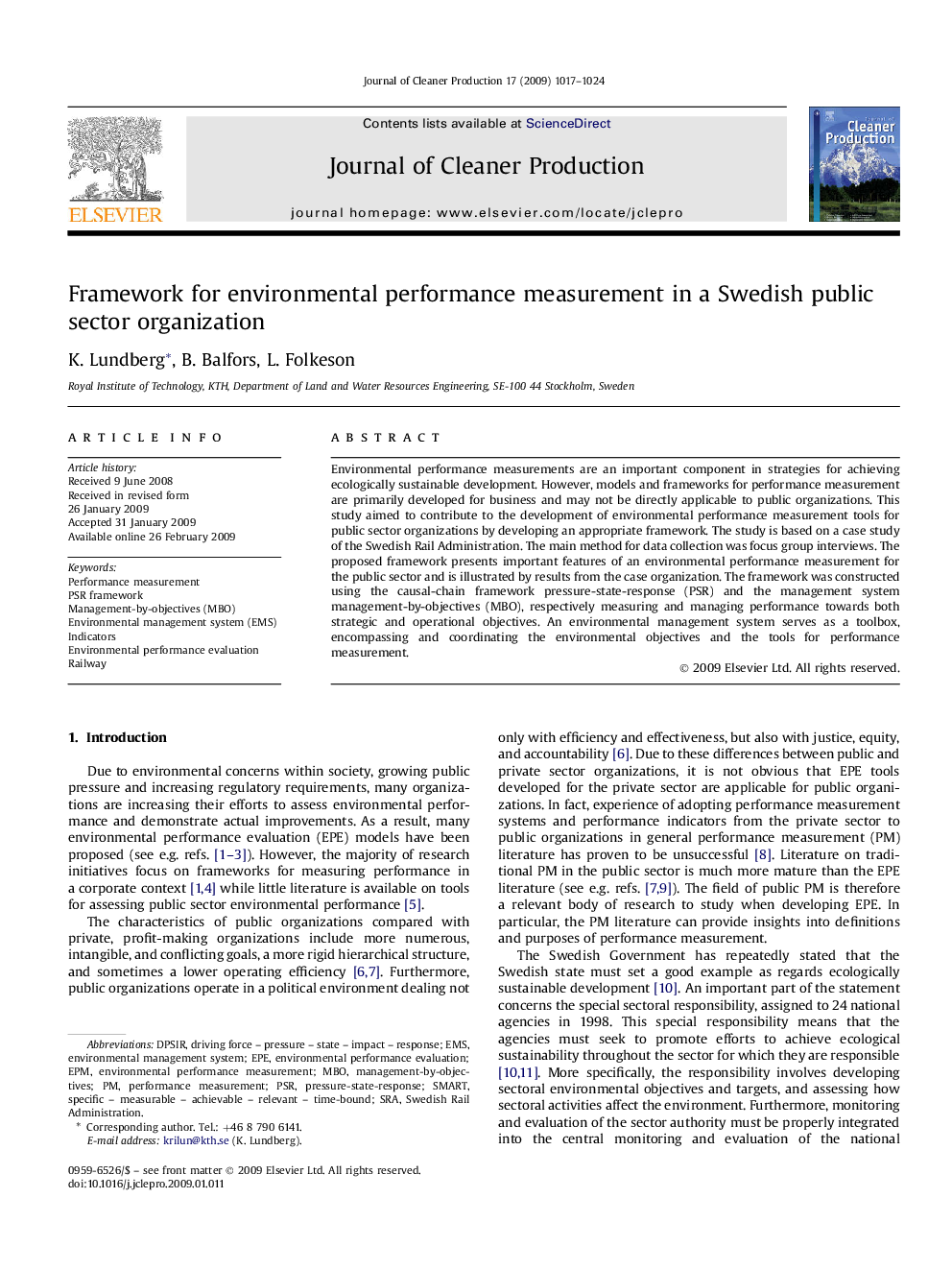 Framework for environmental performance measurement in a Swedish public sector organization