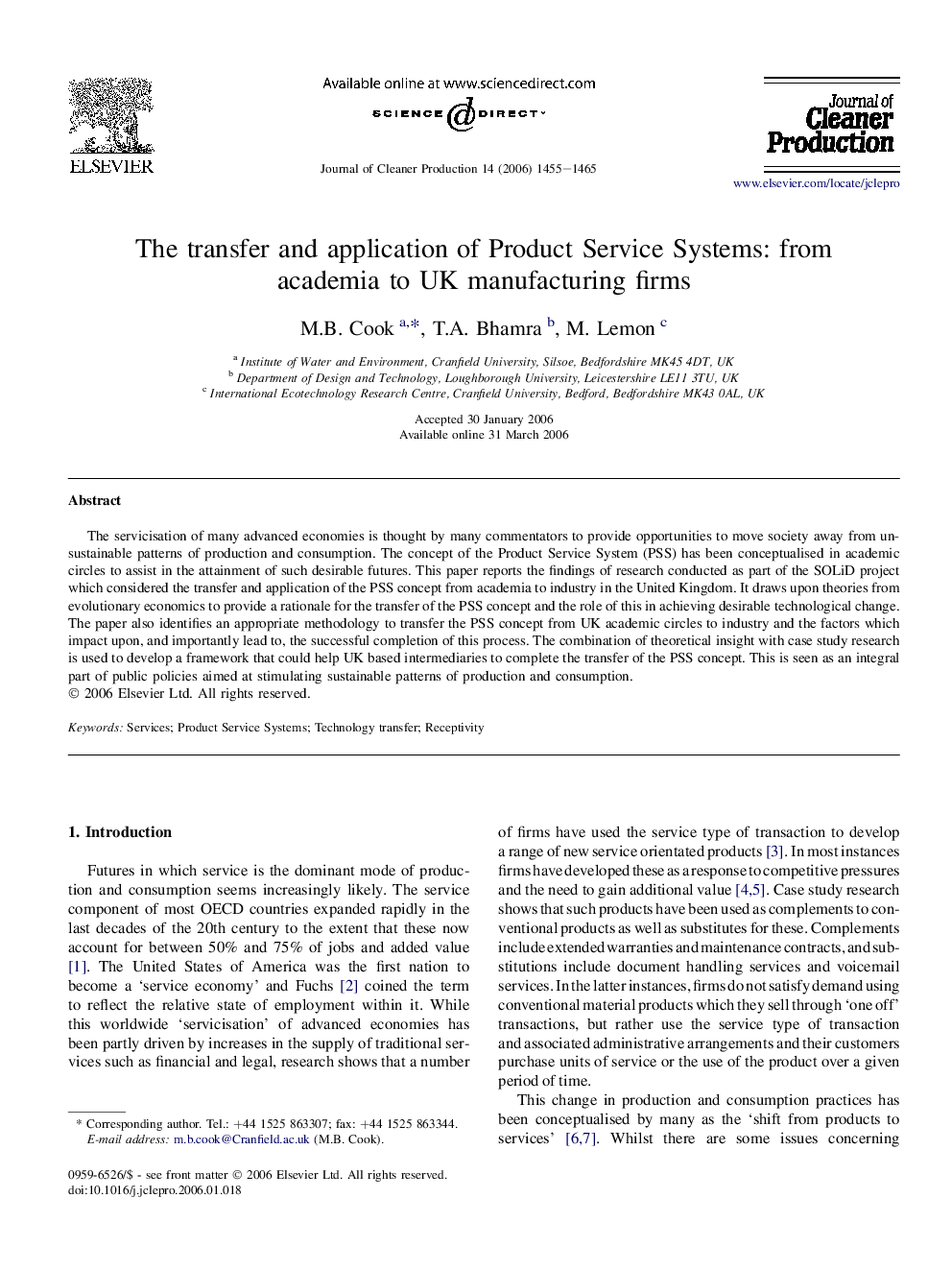 The transfer and application of Product Service Systems: from academia to UK manufacturing firms