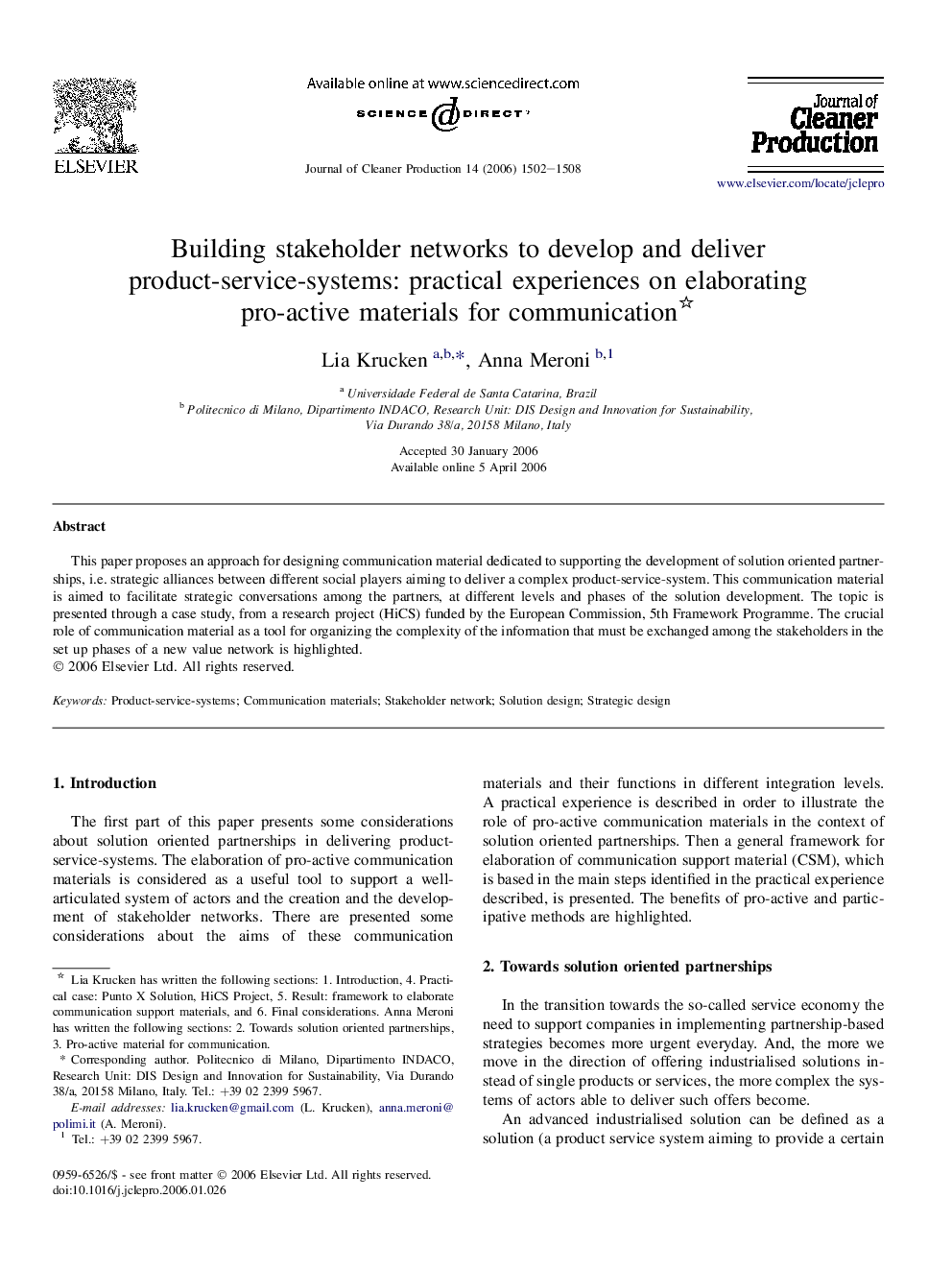 Building stakeholder networks to develop and deliver product-service-systems: practical experiences on elaborating pro-active materials for communication 