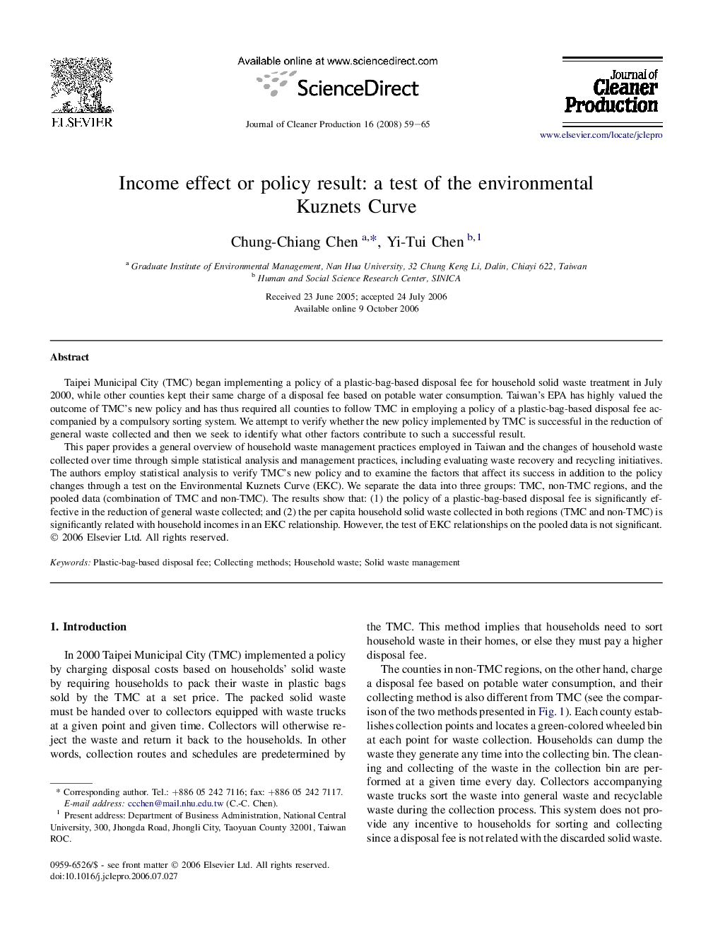 Income effect or policy result: a test of the environmental Kuznets Curve