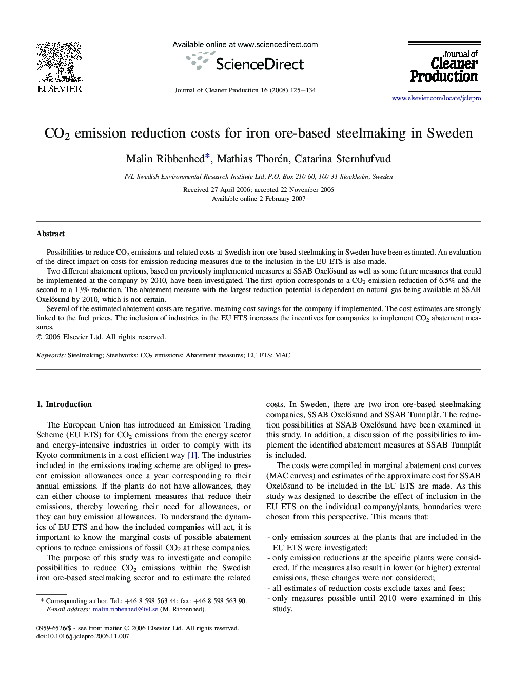 CO2 emission reduction costs for iron ore-based steelmaking in Sweden