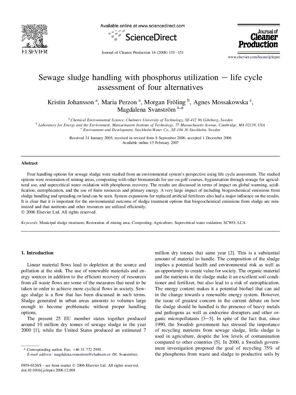 Sewage sludge handling with phosphorus utilization – life cycle assessment of four alternatives