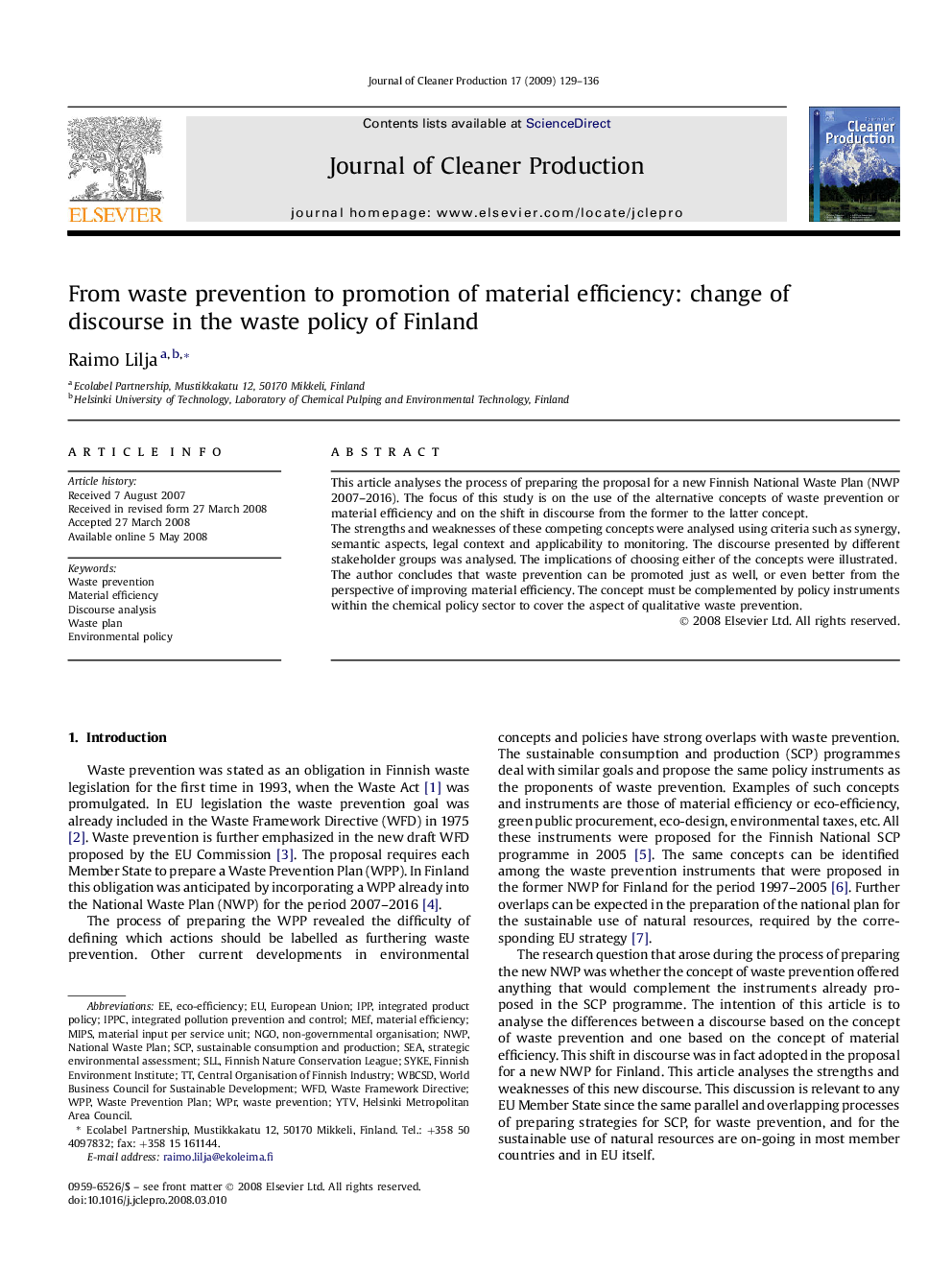 From waste prevention to promotion of material efficiency: change of discourse in the waste policy of Finland