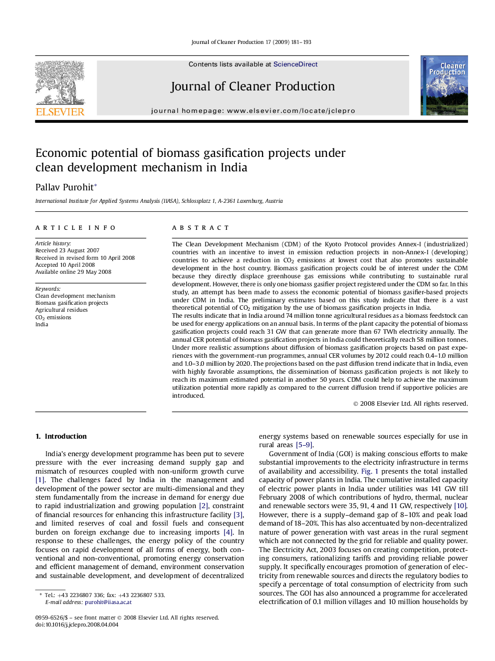 Economic potential of biomass gasification projects under clean development mechanism in India