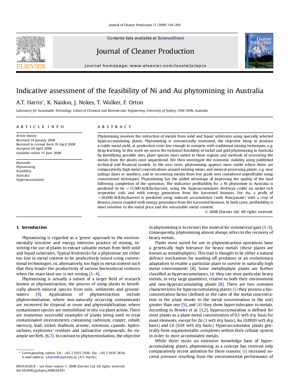 Indicative assessment of the feasibility of Ni and Au phytomining in Australia