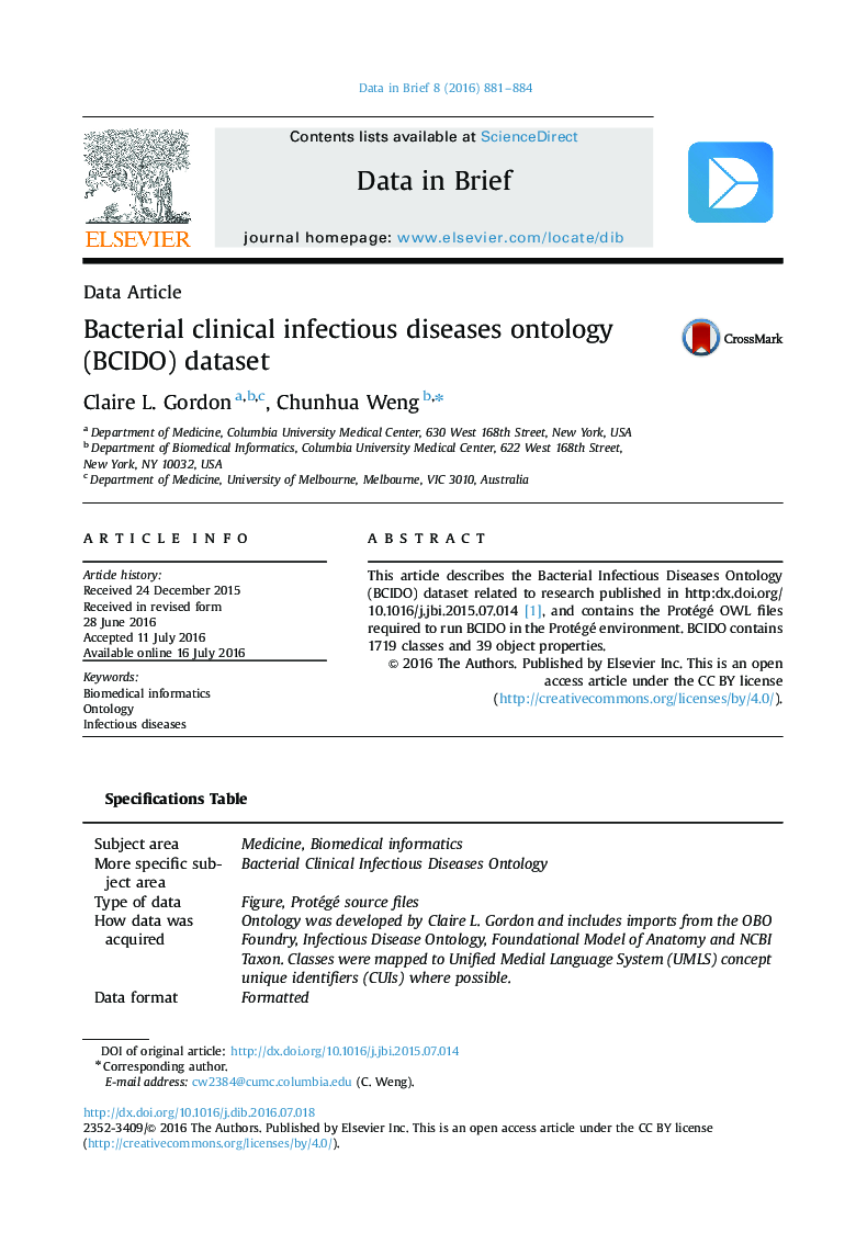 مجموعه داده آنتولوژی بیماری های عفونی بالینی باکتریایی(BCIDO) 