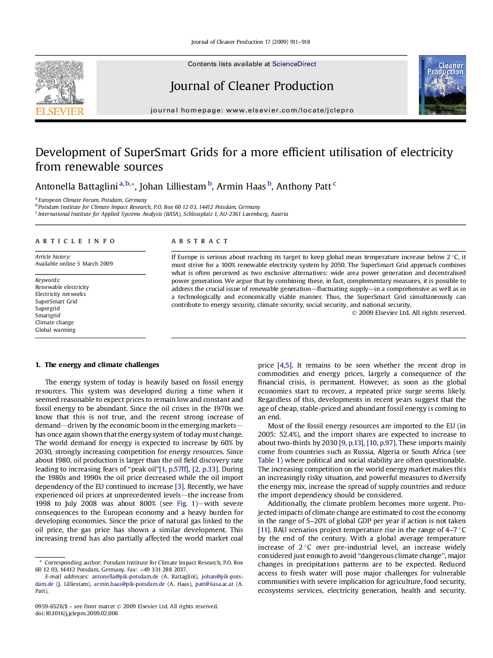 Development of SuperSmart Grids for a more efficient utilisation of electricity from renewable sources