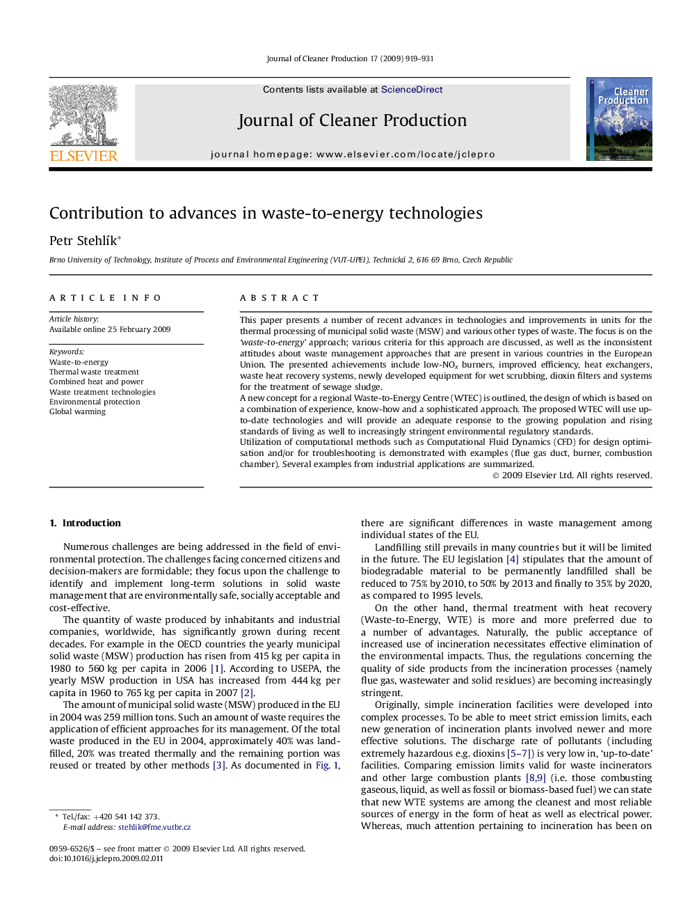 Contribution to advances in waste-to-energy technologies