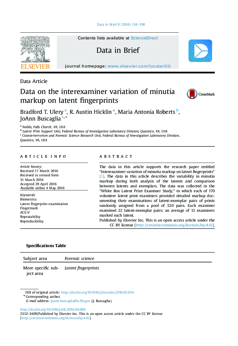 Data on the interexaminer variation of minutia markup on latent fingerprints