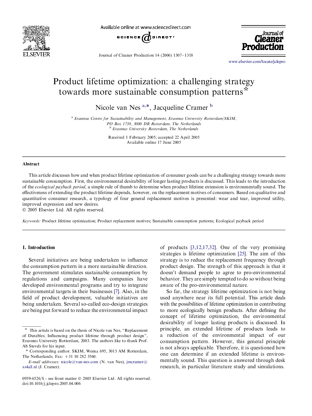 Product lifetime optimization: a challenging strategy towards more sustainable consumption patterns 