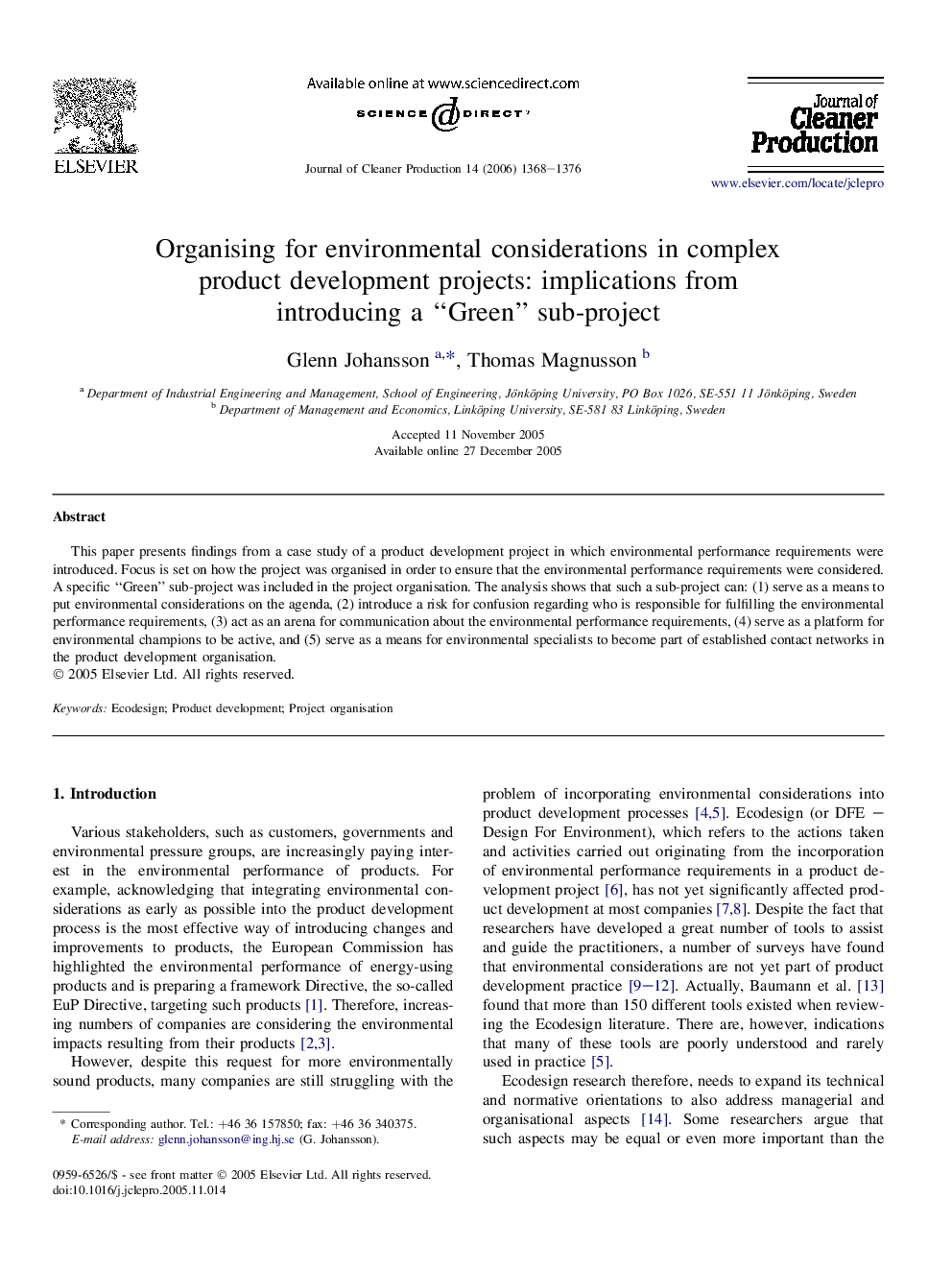 Organising for environmental considerations in complex product development projects: implications from introducing a “Green” sub-project