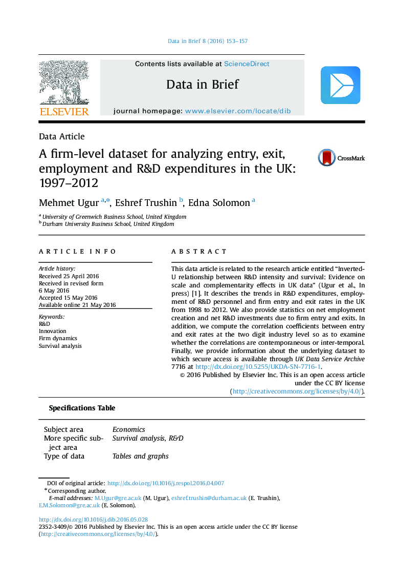 مجموعه داده های سطح سازمانی برای تحلیل ورود، خروج، استخدام و هزینه های تحقیق و توسعه در انگلستان: 1997 در سال 2012 