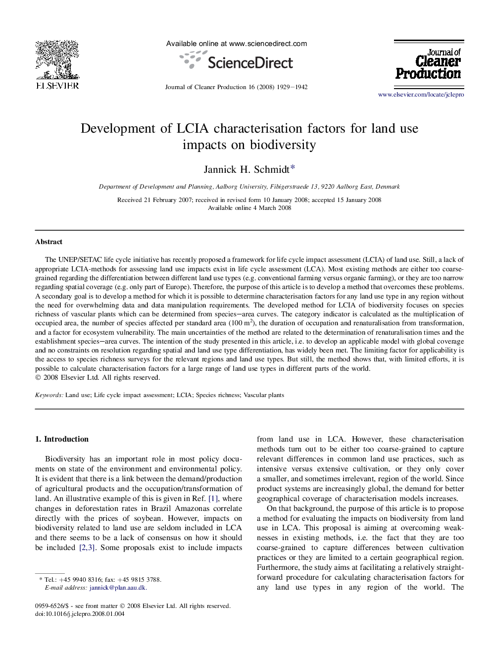 Development of LCIA characterisation factors for land use impacts on biodiversity