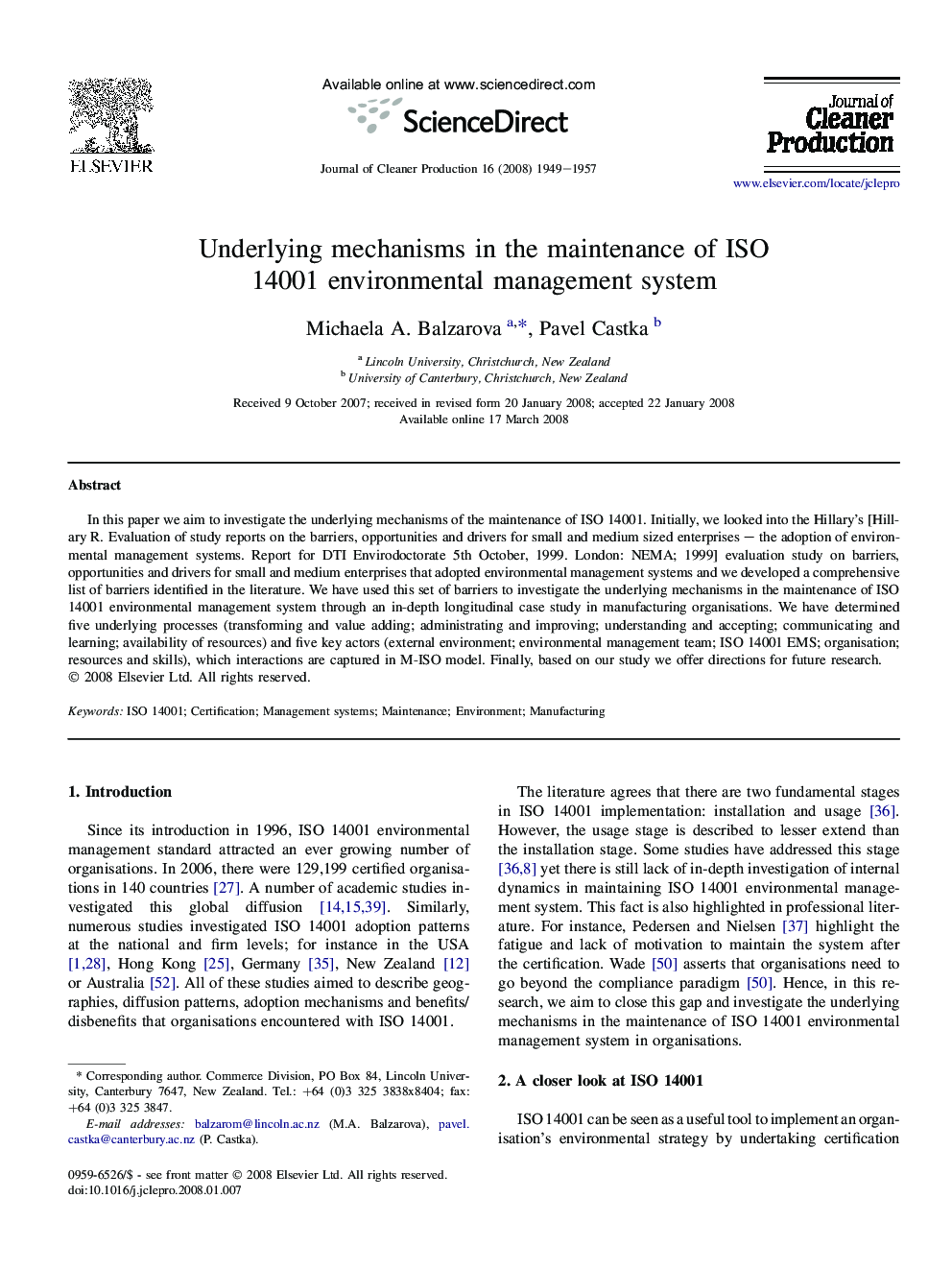 Underlying mechanisms in the maintenance of ISO 14001 environmental management system