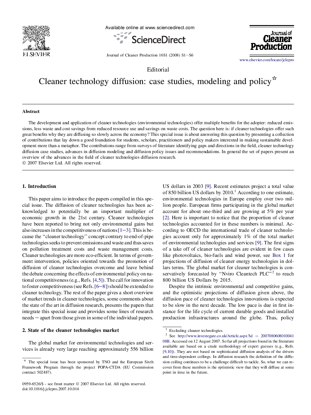 Cleaner technology diffusion: case studies, modeling and policy 