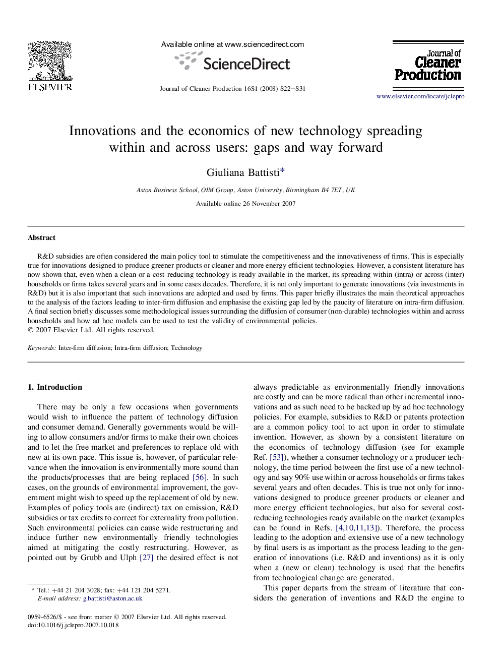 Innovations and the economics of new technology spreading within and across users: gaps and way forward