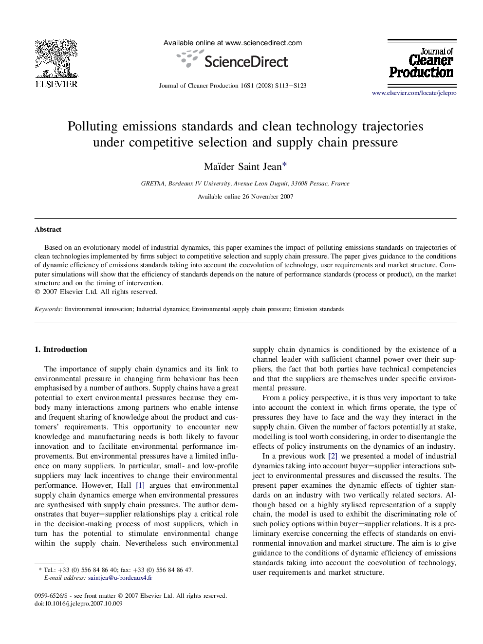 Polluting emissions standards and clean technology trajectories under competitive selection and supply chain pressure