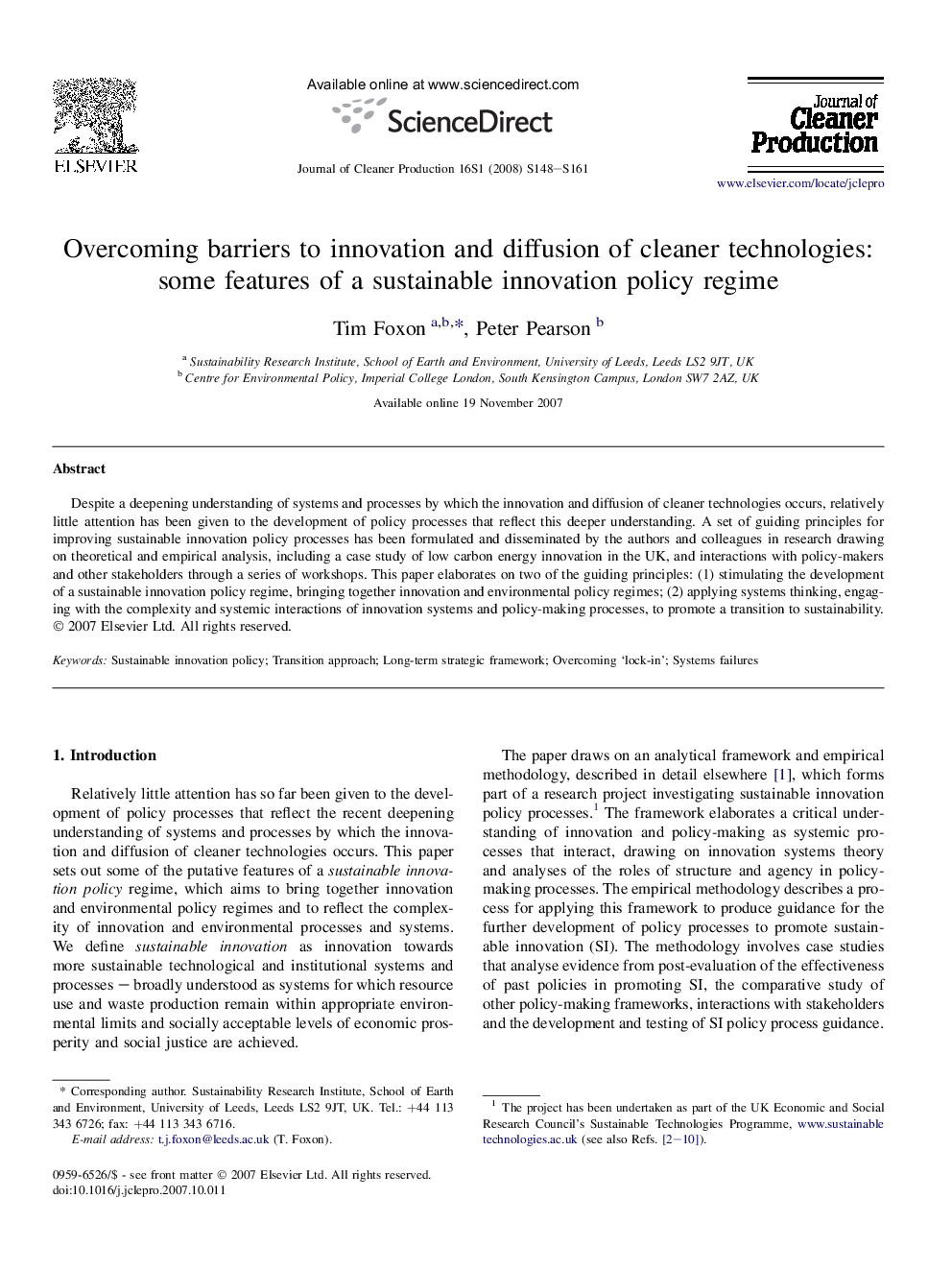 Overcoming barriers to innovation and diffusion of cleaner technologies: some features of a sustainable innovation policy regime