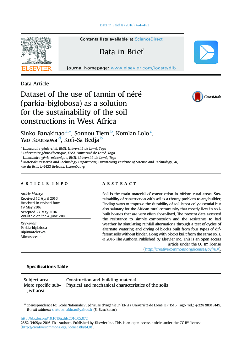 Dataset of the use of tannin of néré (parkia-biglobosa) as a solution for the sustainability of the soil constructions in West Africa