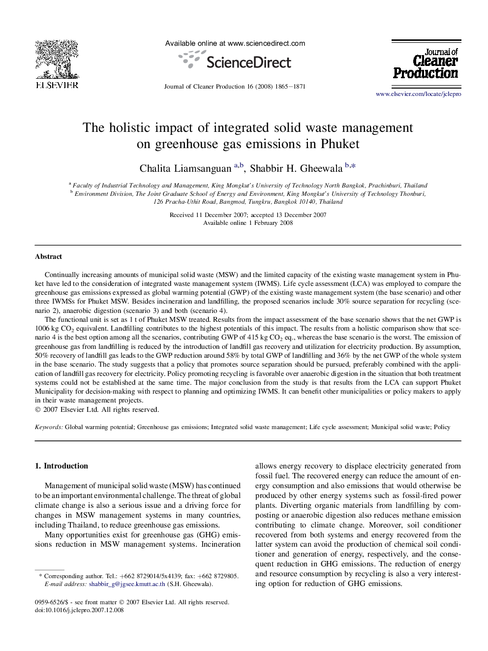 عکس صفحه اول مقاله: The holistic impact of integrated solid waste management on greenhouse gas emissions in Phuket The holistic impact of integrated solid waste management on greenhouse gas emissions in Phuket