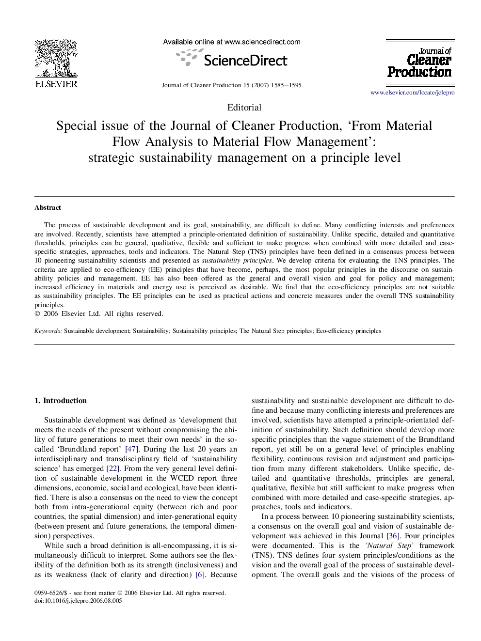 Special issue of the Journal of Cleaner Production, 'From Material Flow Analysis to Material Flow Management'