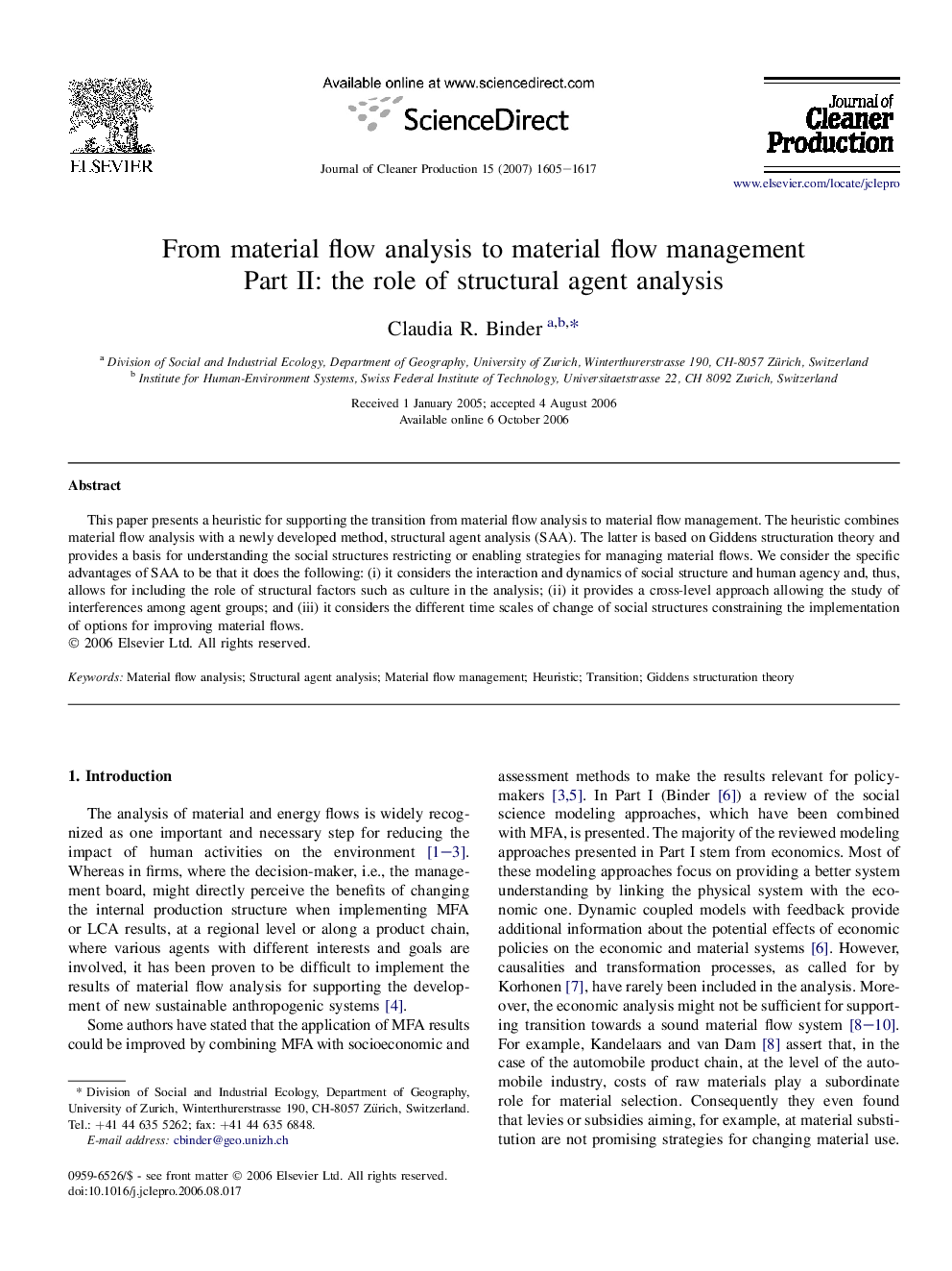 From material flow analysis to material flow management Part II: the role of structural agent analysis