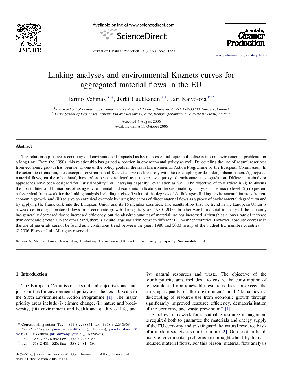 Linking analyses and environmental Kuznets curves for aggregated material flows in the EU