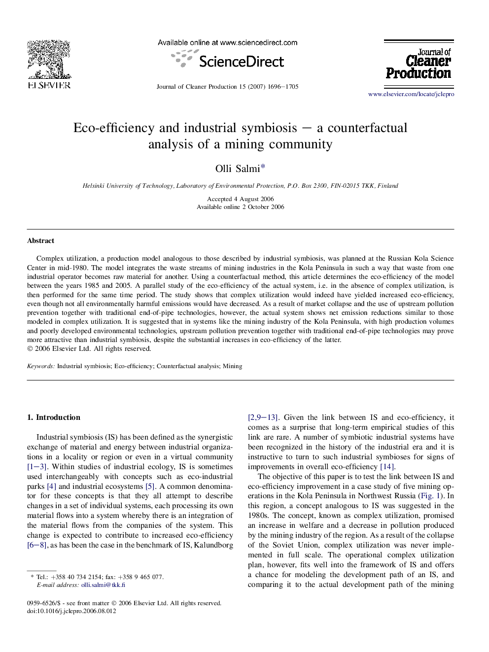 Eco-efficiency and industrial symbiosis – a counterfactual analysis of a mining community