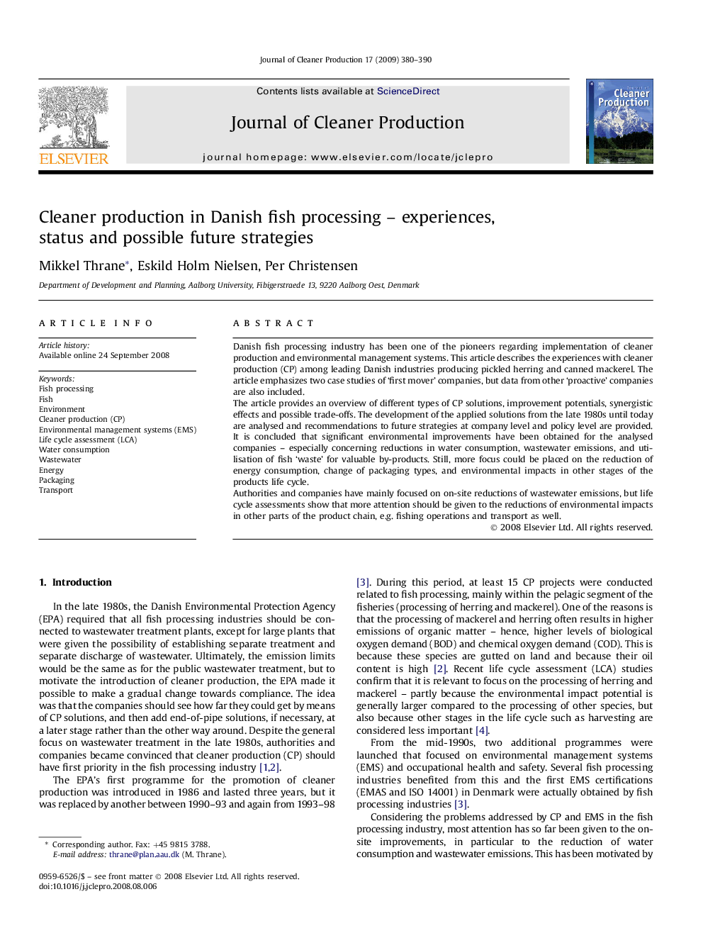 Cleaner production in Danish fish processing – experiences, status and possible future strategies