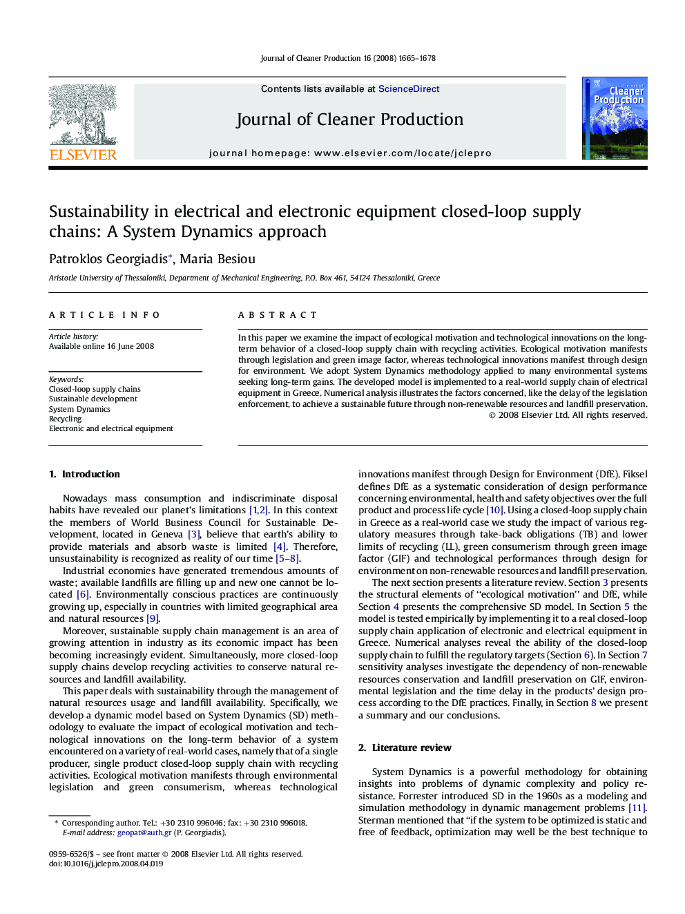 عکس صفحه اول مقاله: Sustainability in electrical and electronic equipment closed-loop supply chains: A System Dynamics approach Sustainability in electrical and electronic equipment closed-loop supply chains: A System Dynamics approach