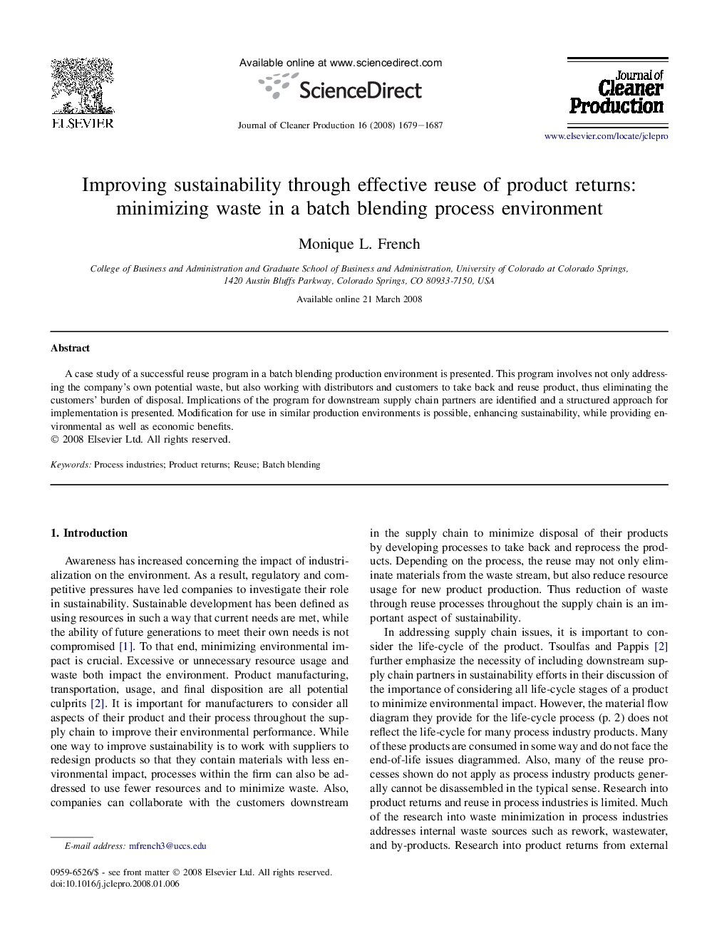 Improving sustainability through effective reuse of product returns: minimizing waste in a batch blending process environment