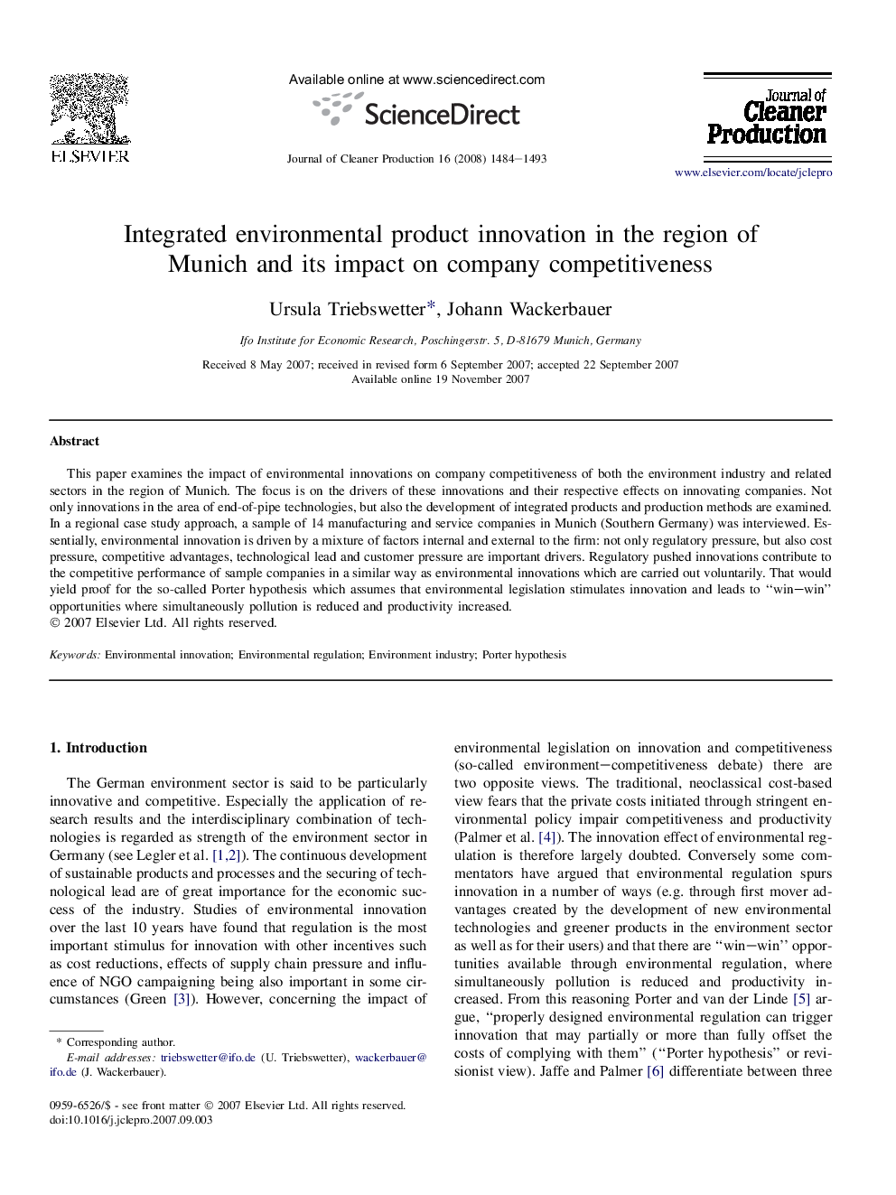 Integrated environmental product innovation in the region of Munich and its impact on company competitiveness