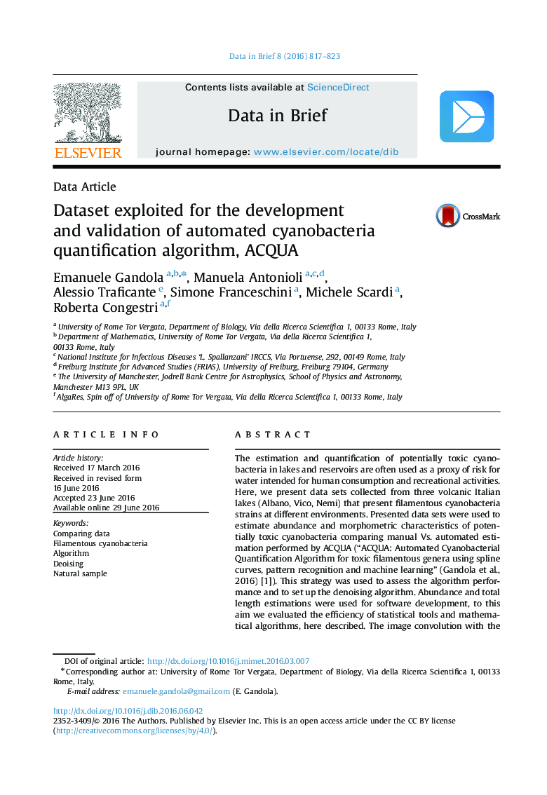 Dataset exploited for the development and validation of automated cyanobacteria quantification algorithm, ACQUA