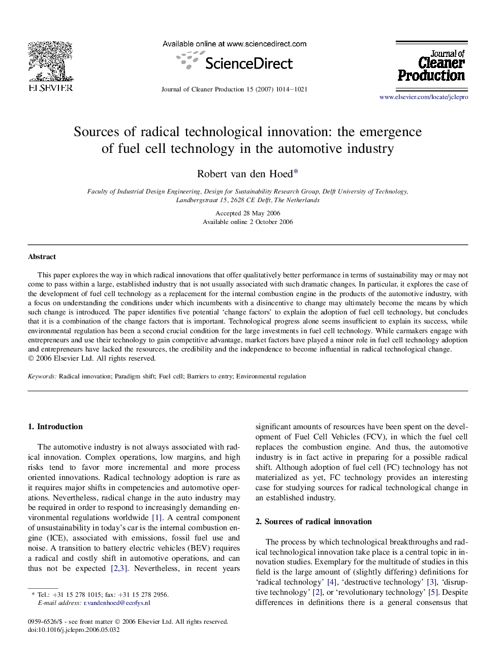 Sources of radical technological innovation: the emergence of fuel cell technology in the automotive industry