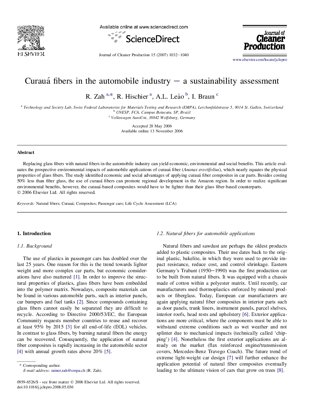 Curauá fibers in the automobile industry – a sustainability assessment