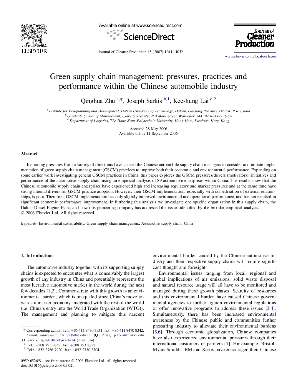 Green supply chain management: pressures, practices and performance within the Chinese automobile industry