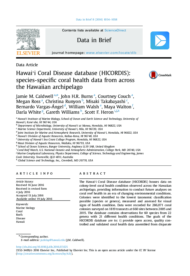 Hawaiʻi Coral Disease database (HICORDIS): species-specific coral health data from across the Hawaiian archipelago