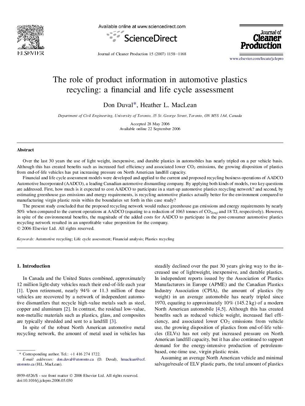 The role of product information in automotive plastics recycling: a financial and life cycle assessment