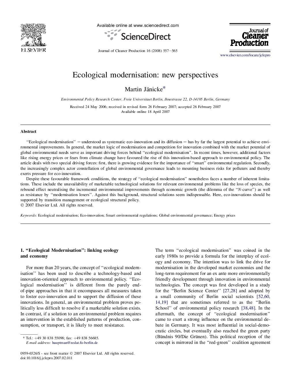 Ecological modernisation: new perspectives