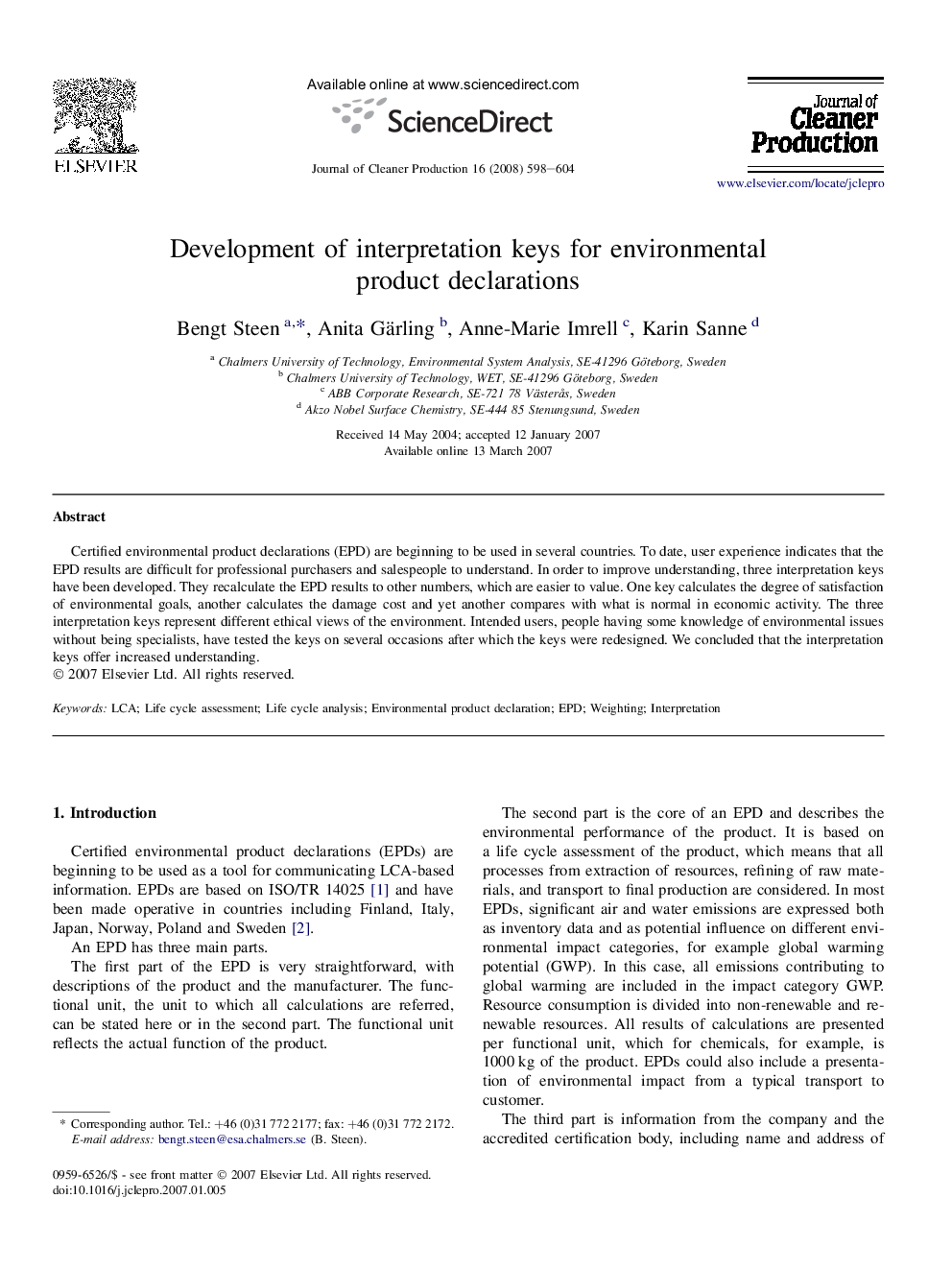 Development of interpretation keys for environmental product declarations