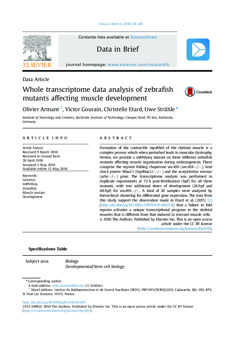 Whole transcriptome data analysis of zebrafish mutants affecting muscle development